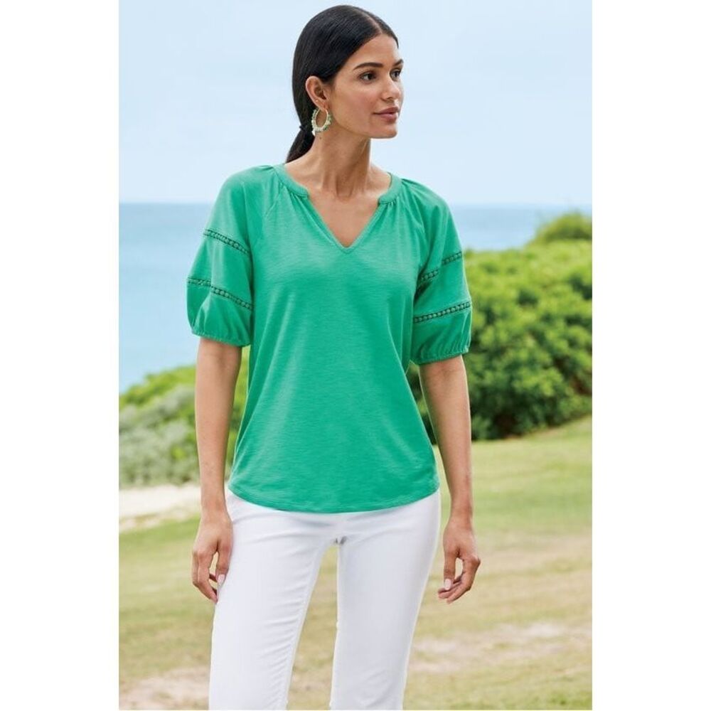 Soft Surroundings $79 Heidi Supima Puff Sleeve Tee Green XL NEW